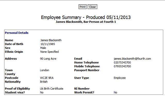 Fig 2.  Previous Employee Full Summary Screen