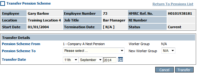 Fig 2 – Transfer Pension Scheme Page