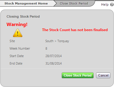 Fig 6 - Stock Count Not Finalised Warning Message