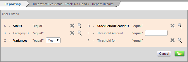 Fig 2 - Actual vs. Theoretical Stock on Hand Report Criteria