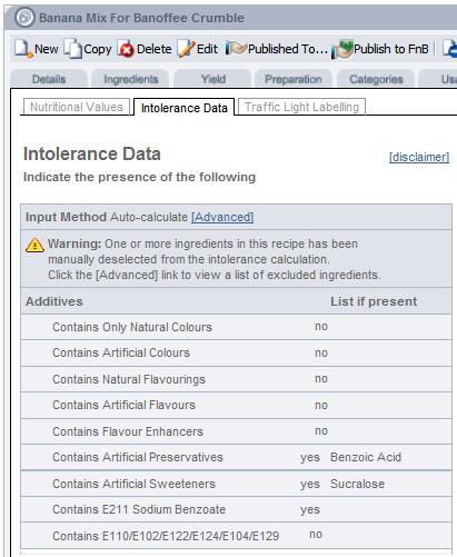 Fig 6 - this image shows Intolerance Data Tab Ingredient Excluded