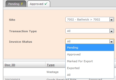 Fig 1 Search Function Showing 'Invoice Status' Criteria