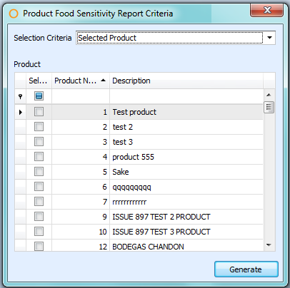 Product Food Sensitivity Report Criteria