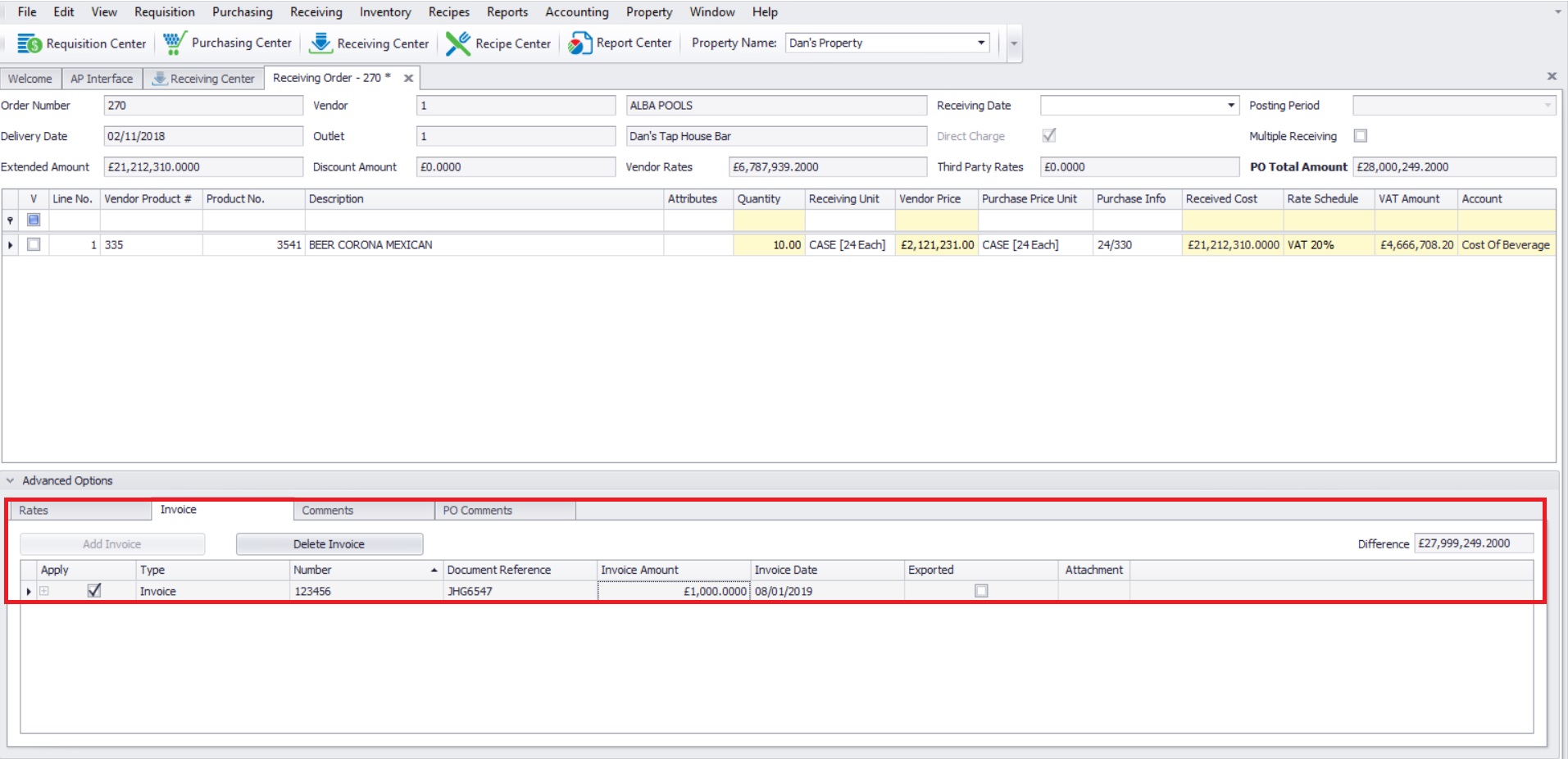Fig. 03 - Invoice Tab On Receiving