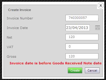 Fig 2 - Invoice Date Validation Message