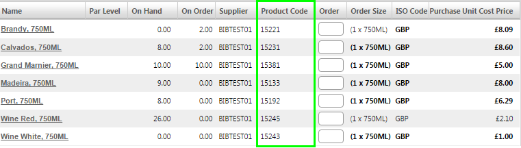 Fig 1 – Product Code Column on Order Input Page